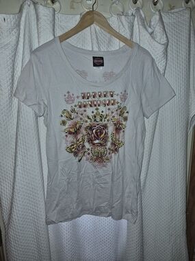 Harley-Davidson White Short Sleeve Tee with Multicolor Floral Emblem